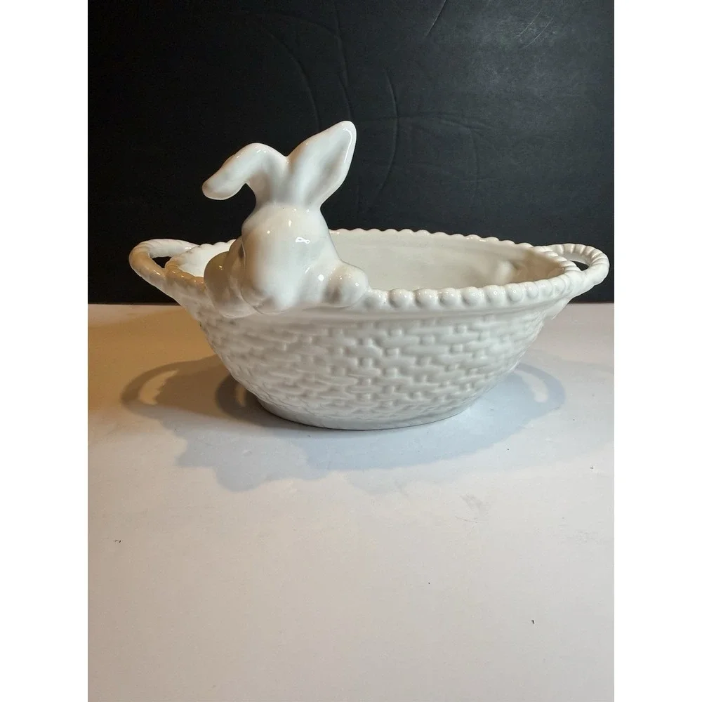 Pottery Barn Easter Bunny Candy Dish Basket Serve Bowl Ceramic Figural Rabbit